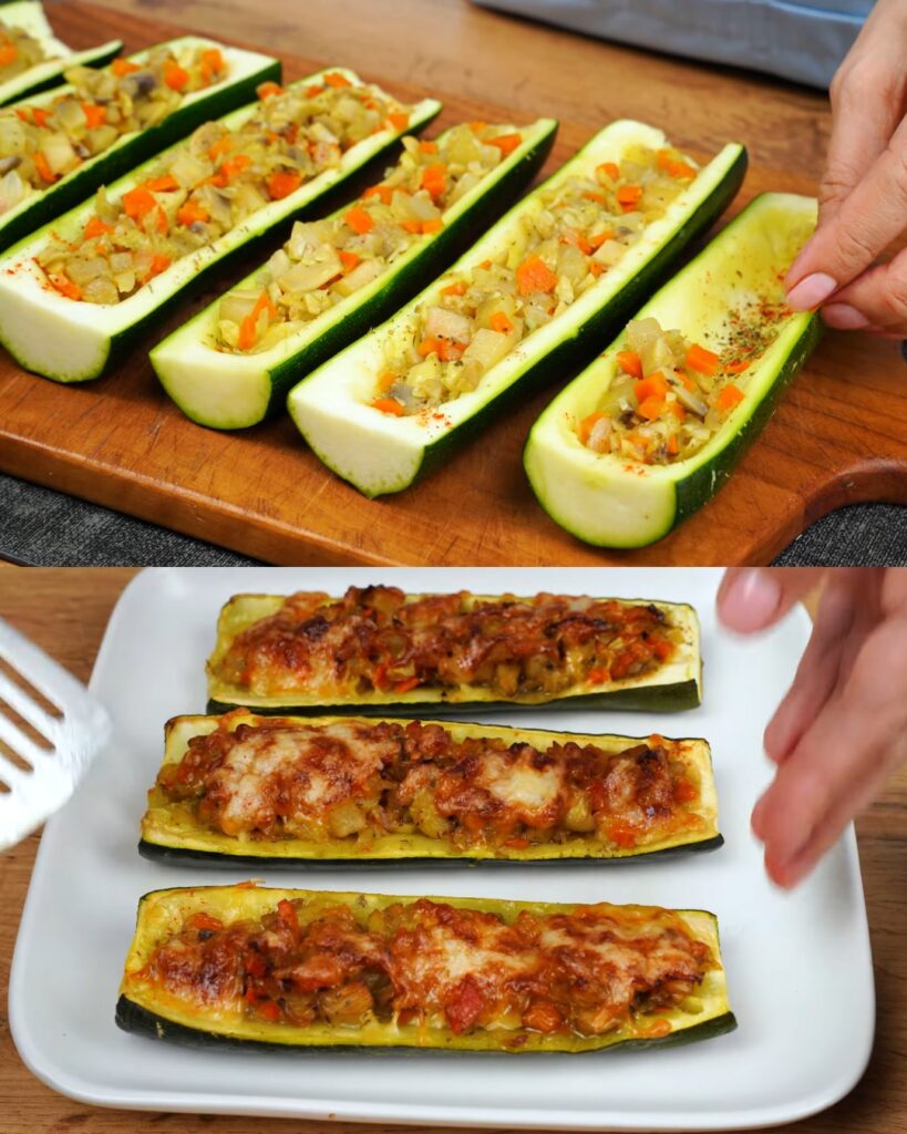 Stuffed Zucchini Boats with Mushrooms, Pear, and Cheese