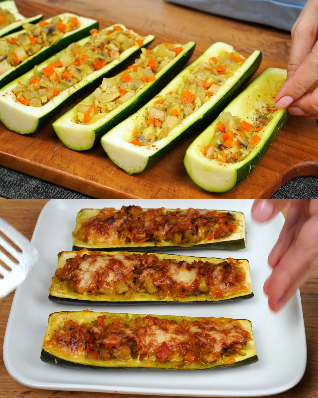Stuffed Zucchini Boats with Mushrooms, Pear, and Cheese