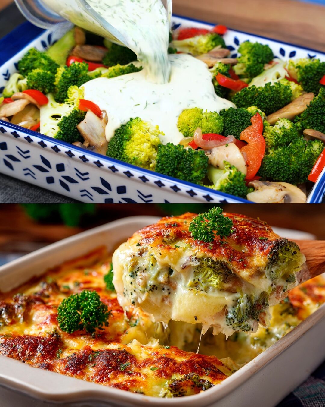 Broccoli, Potato, and Mushroom Casserole with Creamy Yogurt Sauce