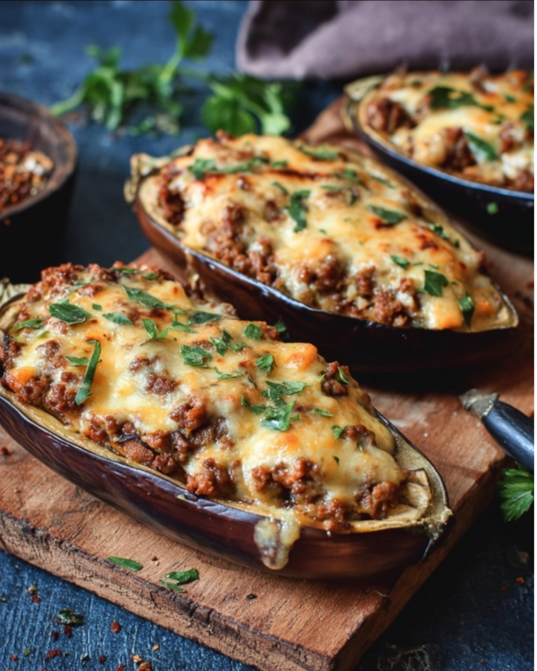 Cheesy Stuffed Eggplants with Minced Meat