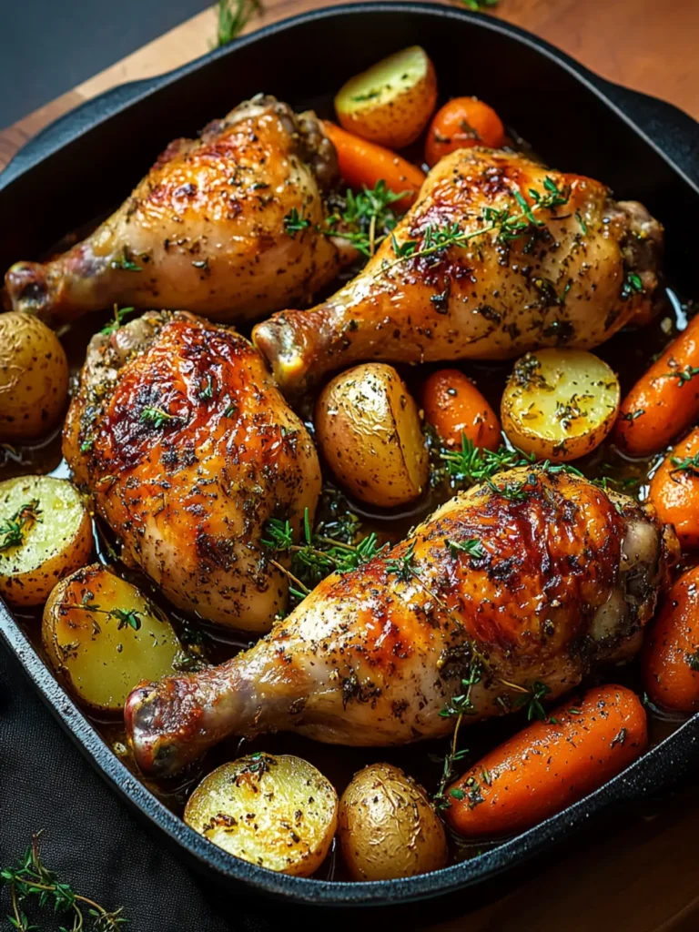 Oven Roasted Chicken Legs with Baby Potatoes and Carrots in Garlic Herb Sauce