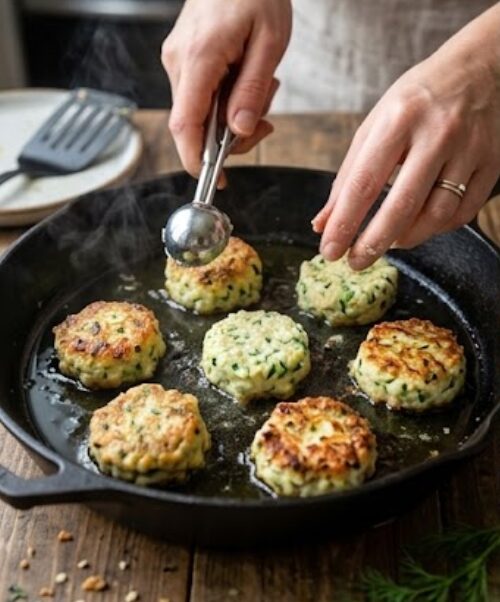 Chicken zucchini poppers cooking in a skillet