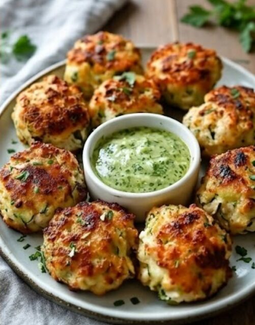 Cooked chicken zucchini poppers served with dip