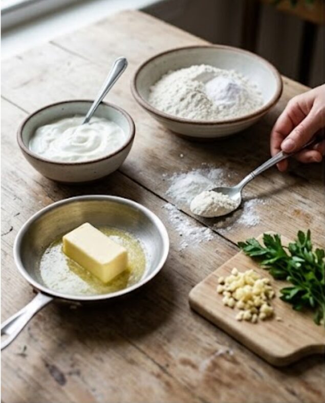 Garlic flatbread dough being mixed